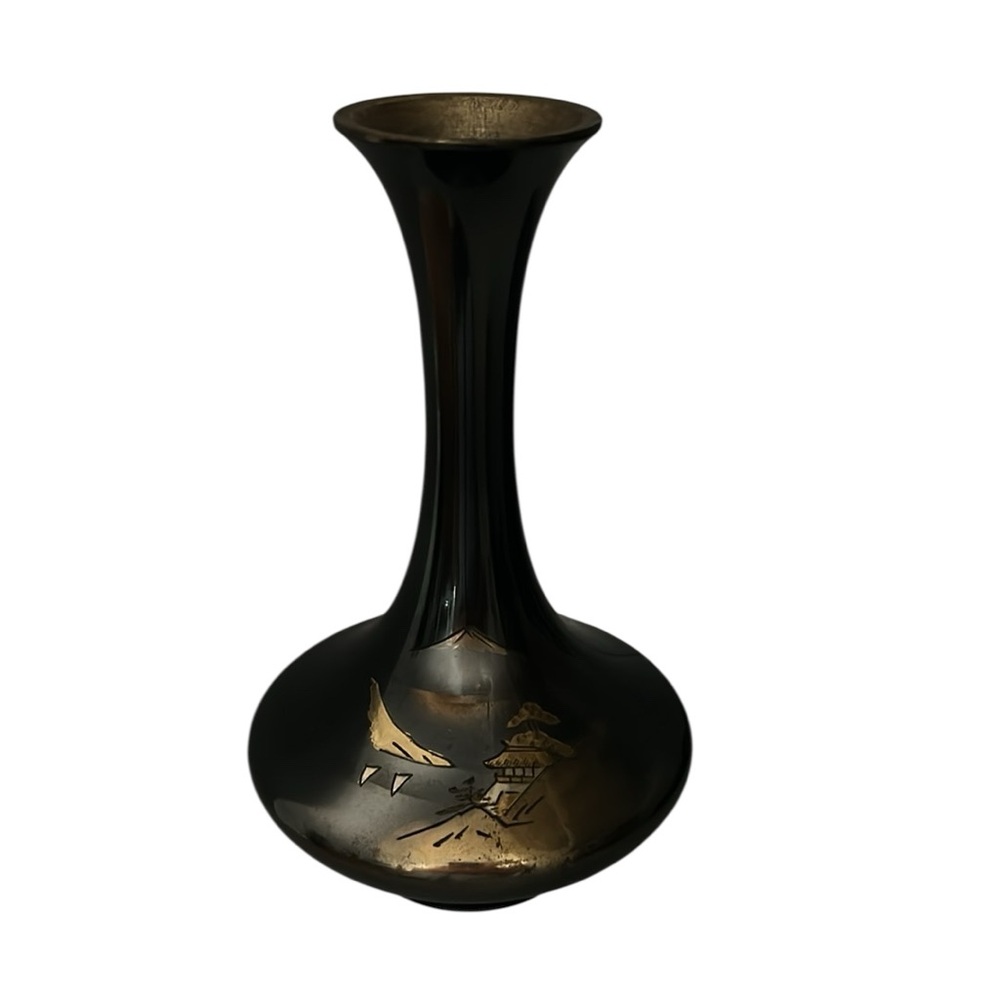 VINTAGE JAPANESE‎ MIXED METAL / BRONZE COLOR  ETCHED VASE, PAGODA, Mount Fuji